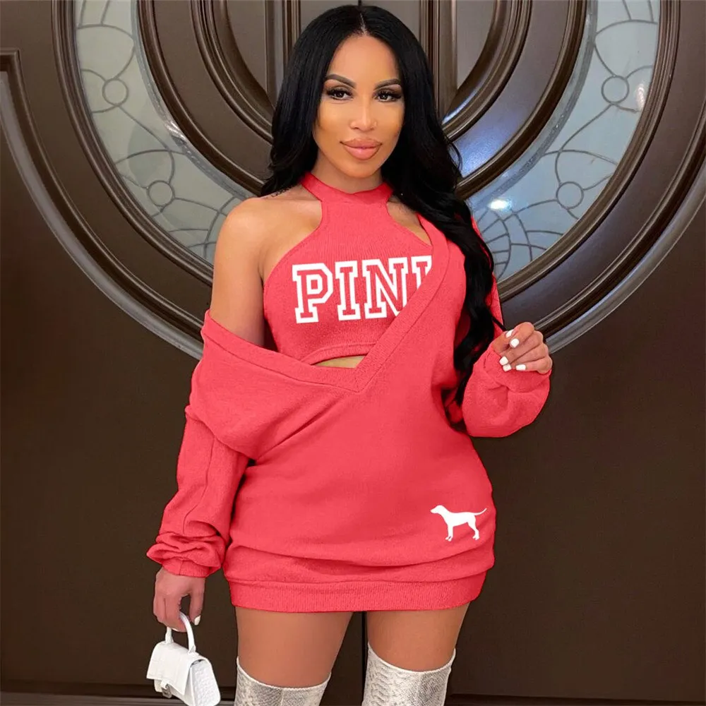 HLJ&GG Fashion Streetwear Two Piece Sets Women PINK Letter Print Crop Vest And Dress Outfits 2022 New Matching Suits Clothing