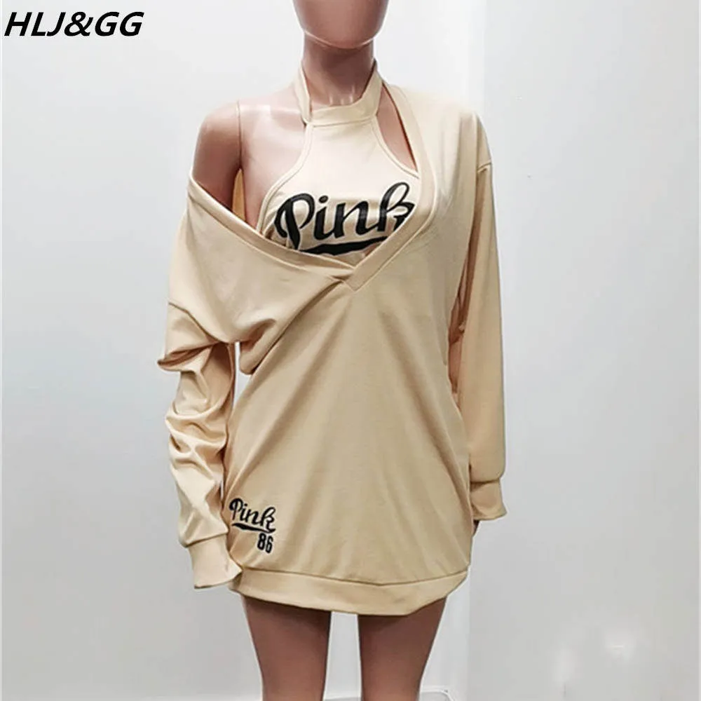 HLJ&GG Fashion Streetwear Two Piece Sets Women PINK Letter Print Crop Vest And Dress Outfits 2022 New Matching Suits Clothing