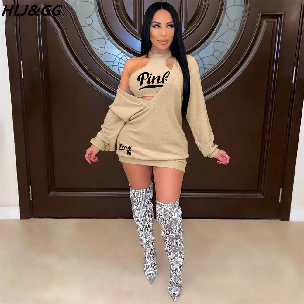 HLJ&GG Fashion Streetwear Two Piece Sets Women PINK Letter Print Crop Vest And Dress Outfits 2022 New Matching Suits Clothing