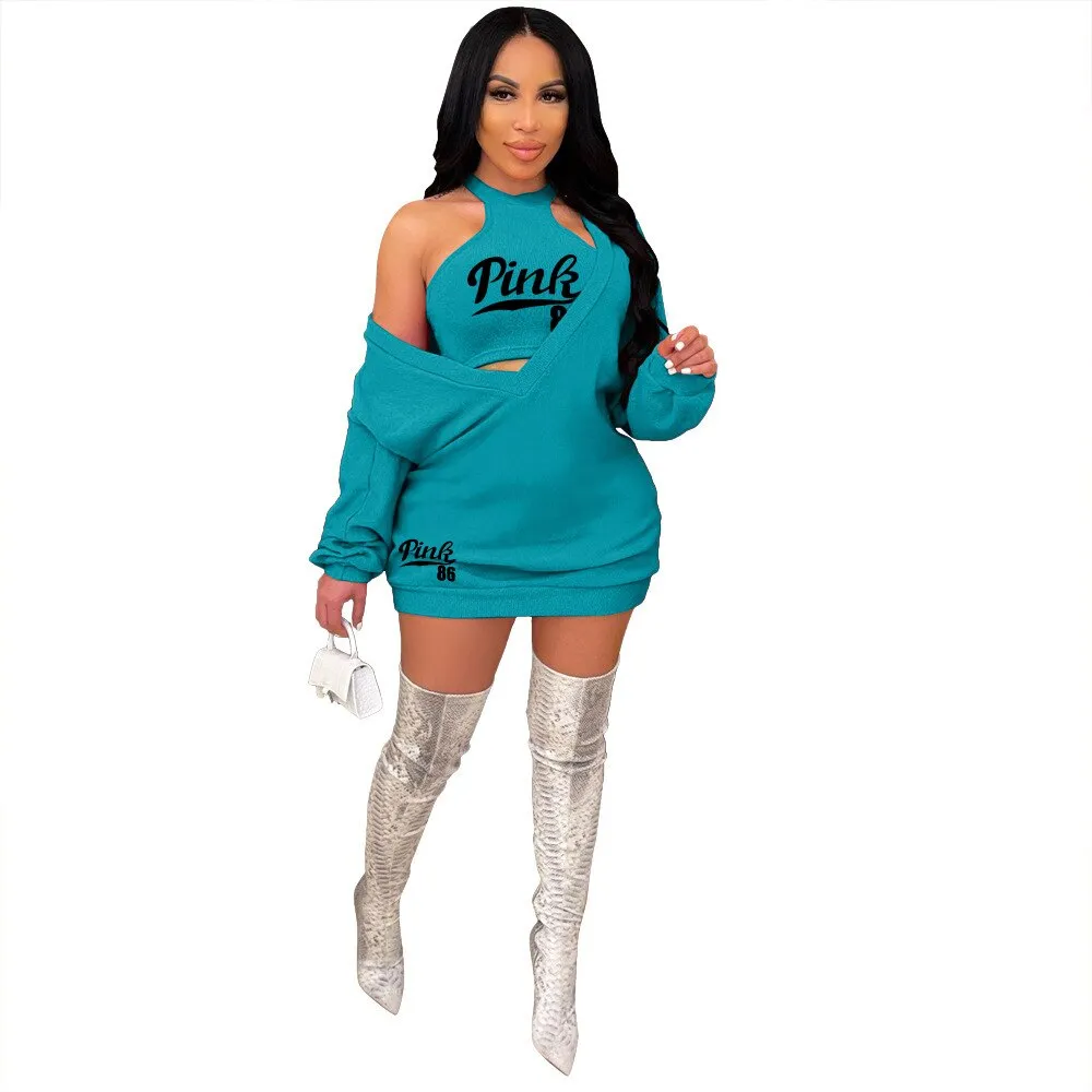 HLJ&GG Fashion Streetwear Two Piece Sets Women PINK Letter Print Crop Vest And Dress Outfits 2022 New Matching Suits Clothing