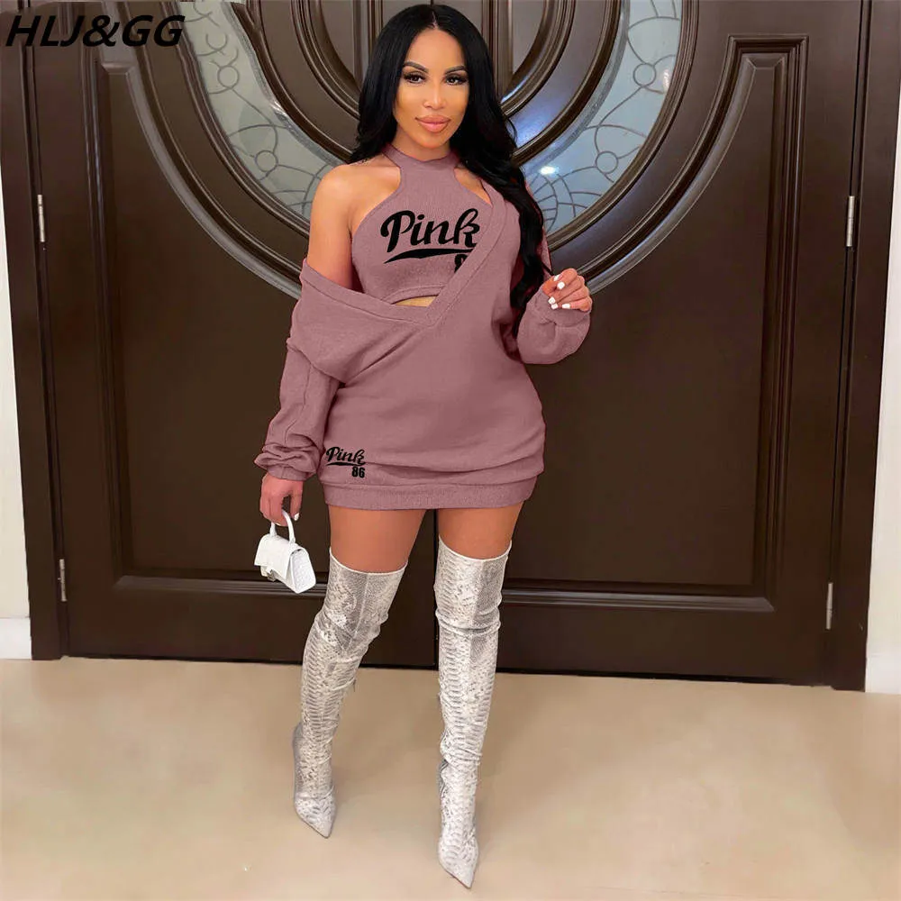 HLJ&GG Fashion Streetwear Two Piece Sets Women PINK Letter Print Crop Vest And Dress Outfits 2022 New Matching Suits Clothing