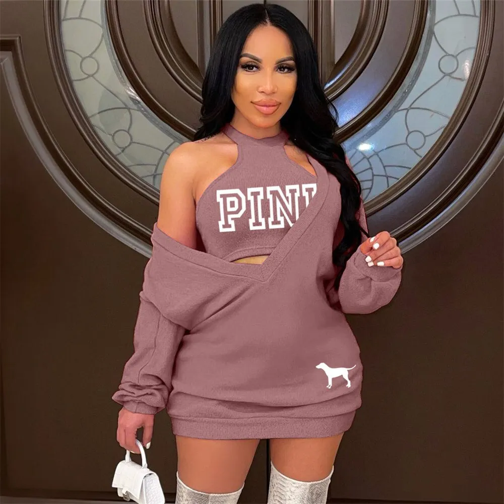 HLJ&GG Fashion Streetwear Two Piece Sets Women PINK Letter Print Crop Vest And Dress Outfits 2022 New Matching Suits Clothing