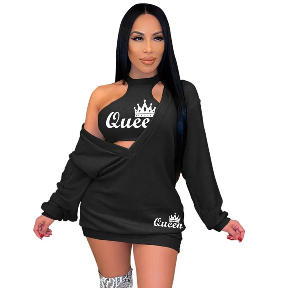 HLJ&GG Fashion Streetwear Two Piece Sets Women PINK Letter Print Crop Vest And Dress Outfits 2022 New Matching Suits Clothing