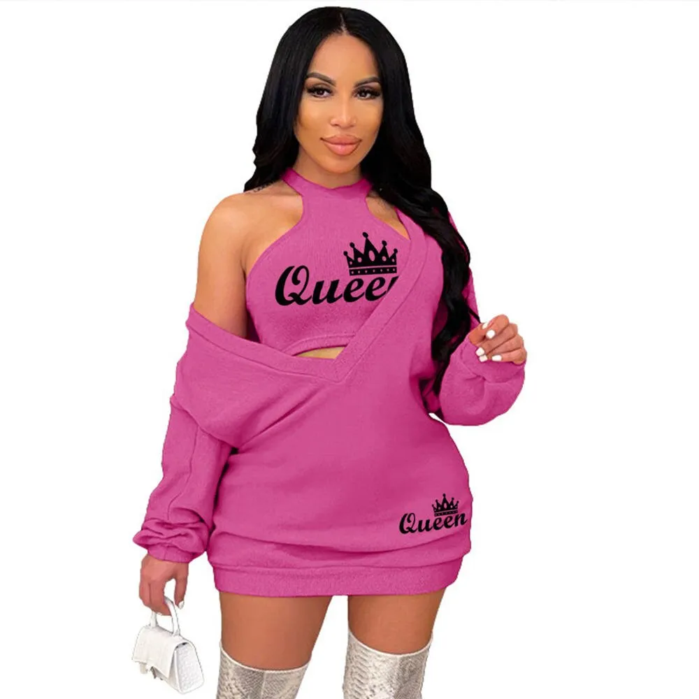 HLJ&GG Fashion Streetwear Two Piece Sets Women PINK Letter Print Crop Vest And Dress Outfits 2022 New Matching Suits Clothing