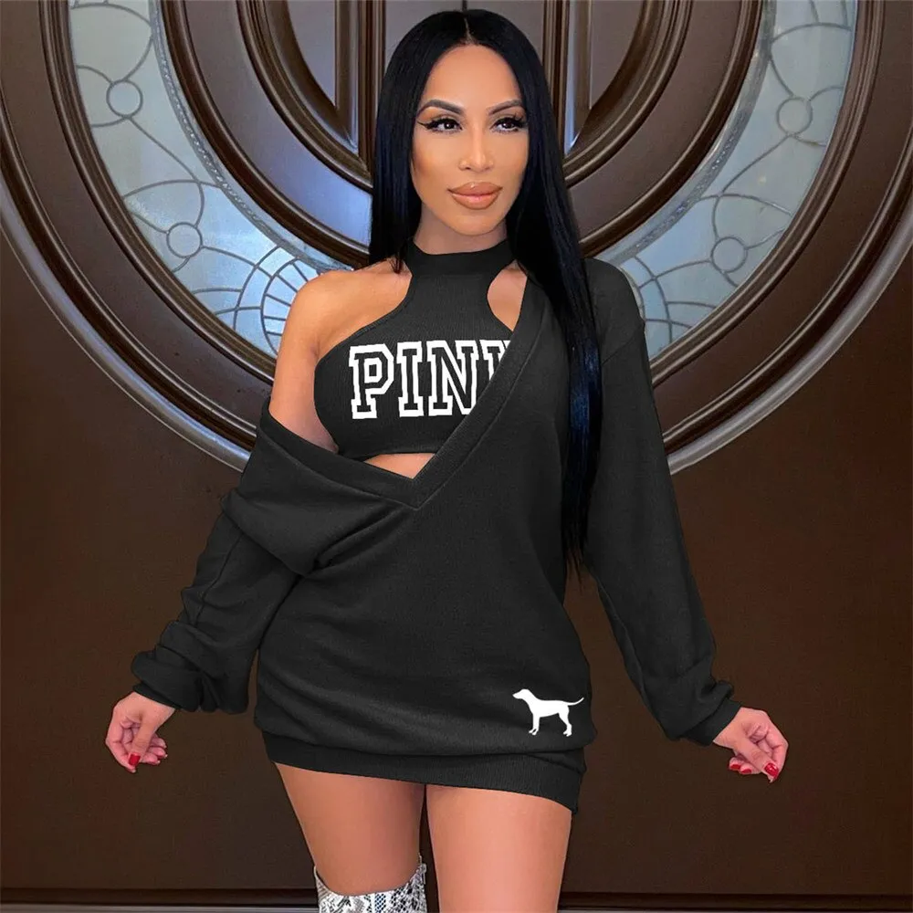 HLJ&GG Fashion Streetwear Two Piece Sets Women PINK Letter Print Crop Vest And Dress Outfits 2022 New Matching Suits Clothing