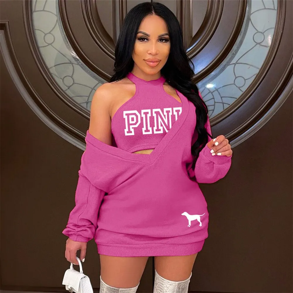 HLJ&GG Fashion Streetwear Two Piece Sets Women PINK Letter Print Crop Vest And Dress Outfits 2022 New Matching Suits Clothing