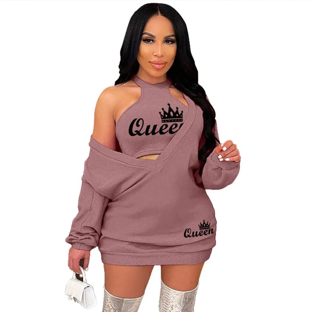 HLJ&GG Fashion Streetwear Two Piece Sets Women PINK Letter Print Crop Vest And Dress Outfits 2022 New Matching Suits Clothing