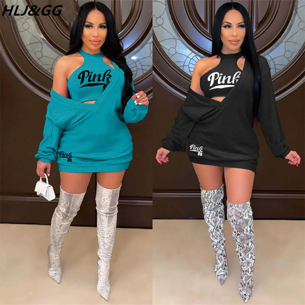 HLJ&GG Fashion Streetwear Two Piece Sets Women PINK Letter Print Crop Vest And Dress Outfits 2022 New Matching Suits Clothing