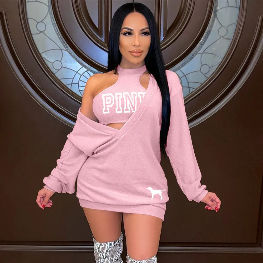HLJ&GG Fashion Streetwear Two Piece Sets Women PINK Letter Print Crop Vest And Dress Outfits 2022 New Matching Suits Clothing