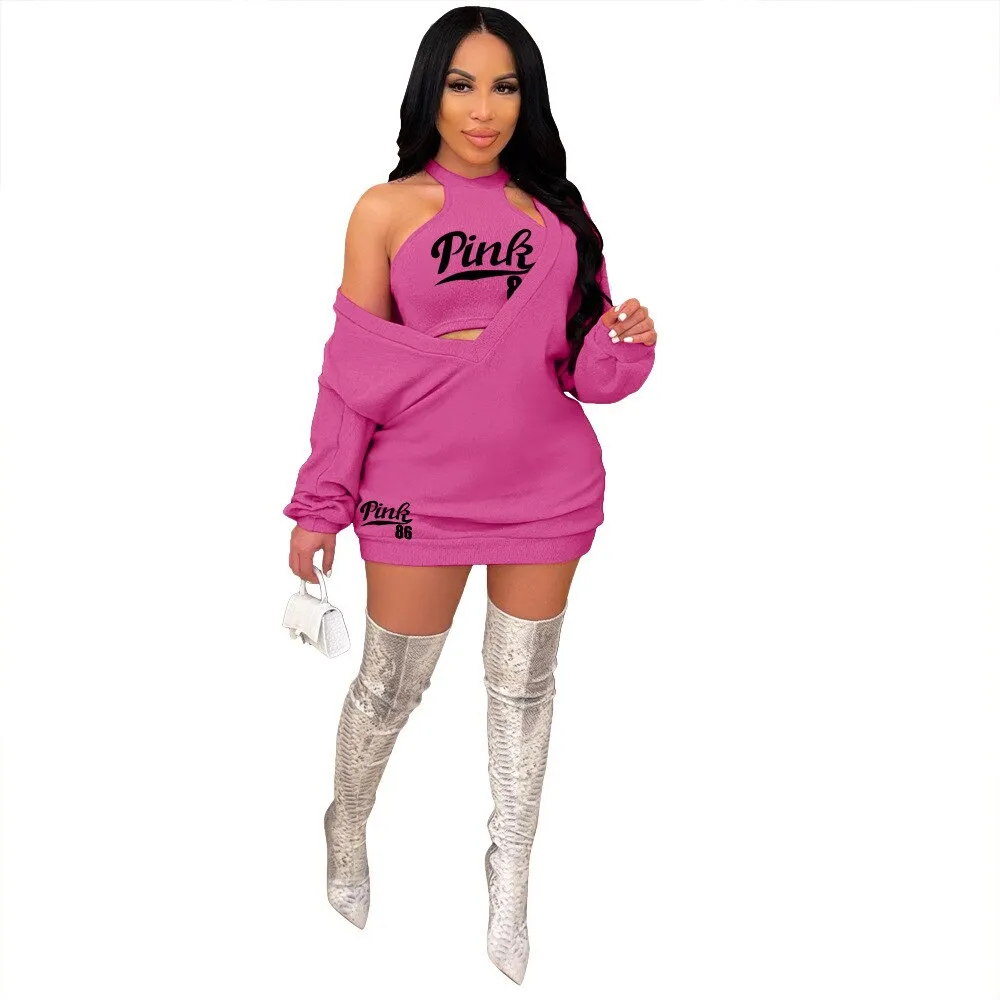 HLJ&GG Fashion Streetwear Two Piece Sets Women PINK Letter Print Crop Vest And Dress Outfits 2022 New Matching Suits Clothing