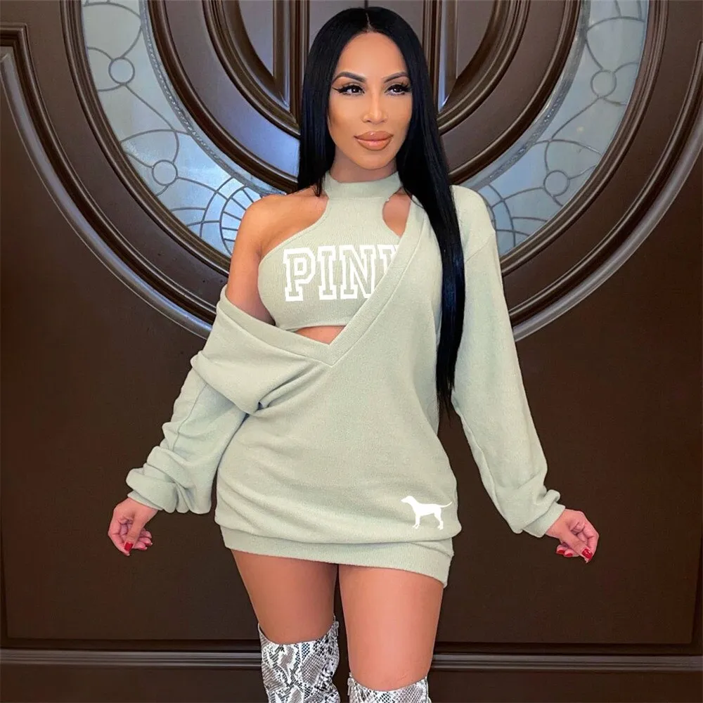 HLJ&GG Fashion Streetwear Two Piece Sets Women PINK Letter Print Crop Vest And Dress Outfits 2022 New Matching Suits Clothing