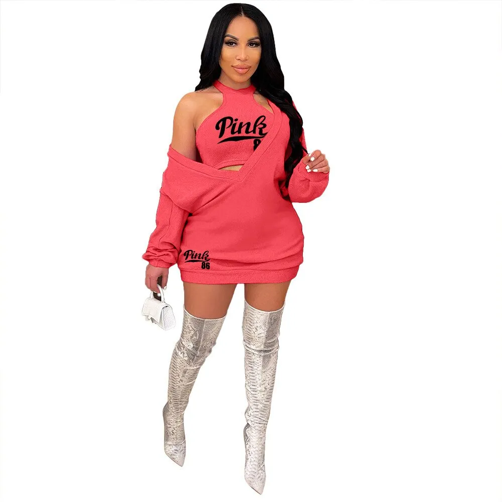 HLJ&GG Fashion Streetwear Two Piece Sets Women PINK Letter Print Crop Vest And Dress Outfits 2022 New Matching Suits Clothing