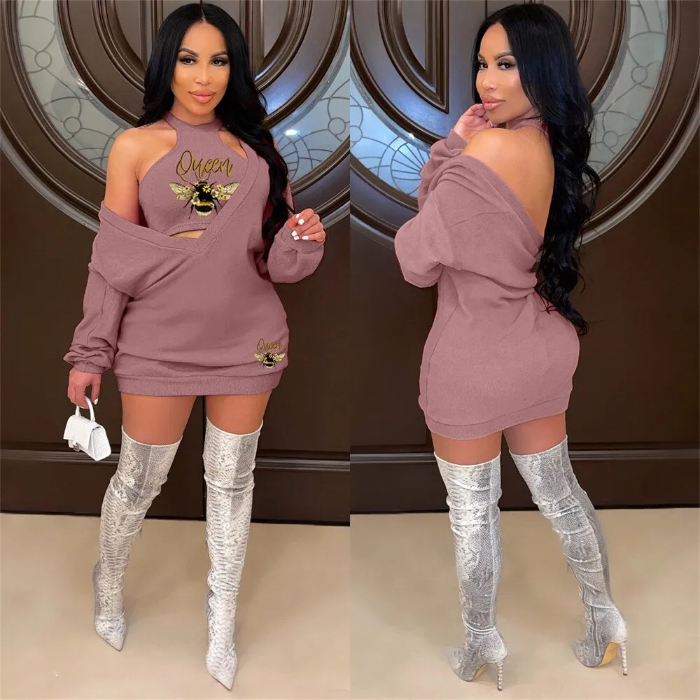 HLJ&GG Fashion Streetwear Two Piece Sets Women PINK Letter Print Crop Vest And Dress Outfits 2022 New Matching Suits Clothing