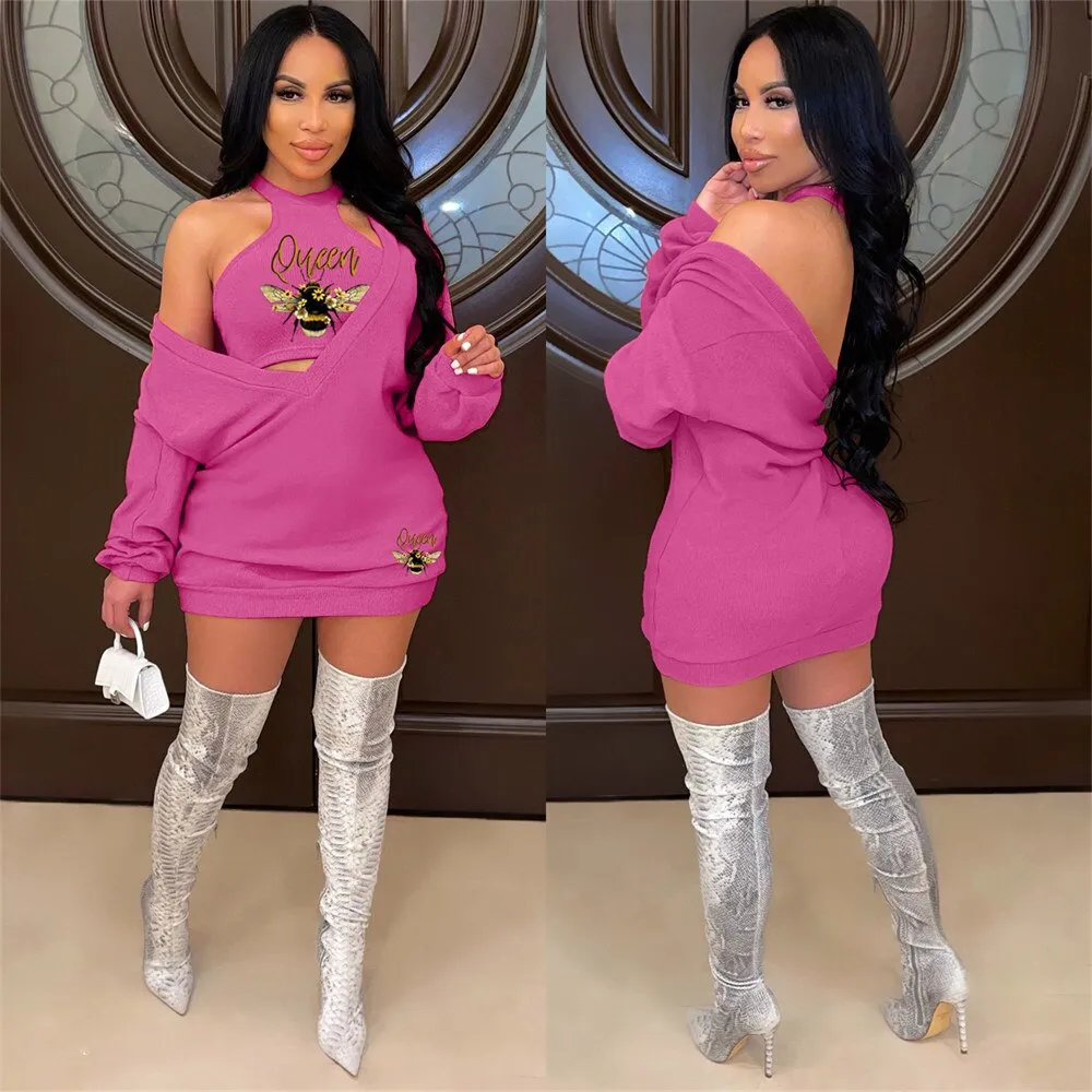 HLJ&GG Fashion Streetwear Two Piece Sets Women PINK Letter Print Crop Vest And Dress Outfits 2022 New Matching Suits Clothing