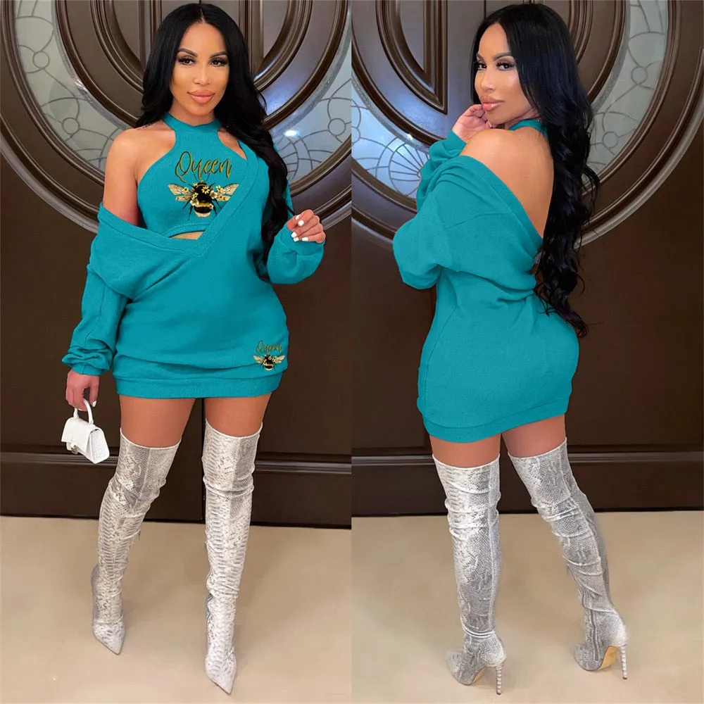 HLJ&GG Fashion Streetwear Two Piece Sets Women PINK Letter Print Crop Vest And Dress Outfits 2022 New Matching Suits Clothing