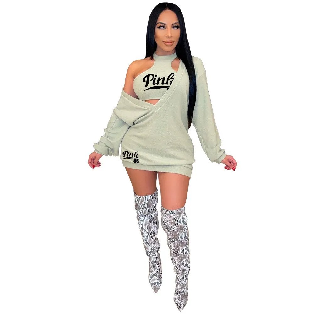 HLJ&GG Fashion Streetwear Two Piece Sets Women PINK Letter Print Crop Vest And Dress Outfits 2022 New Matching Suits Clothing