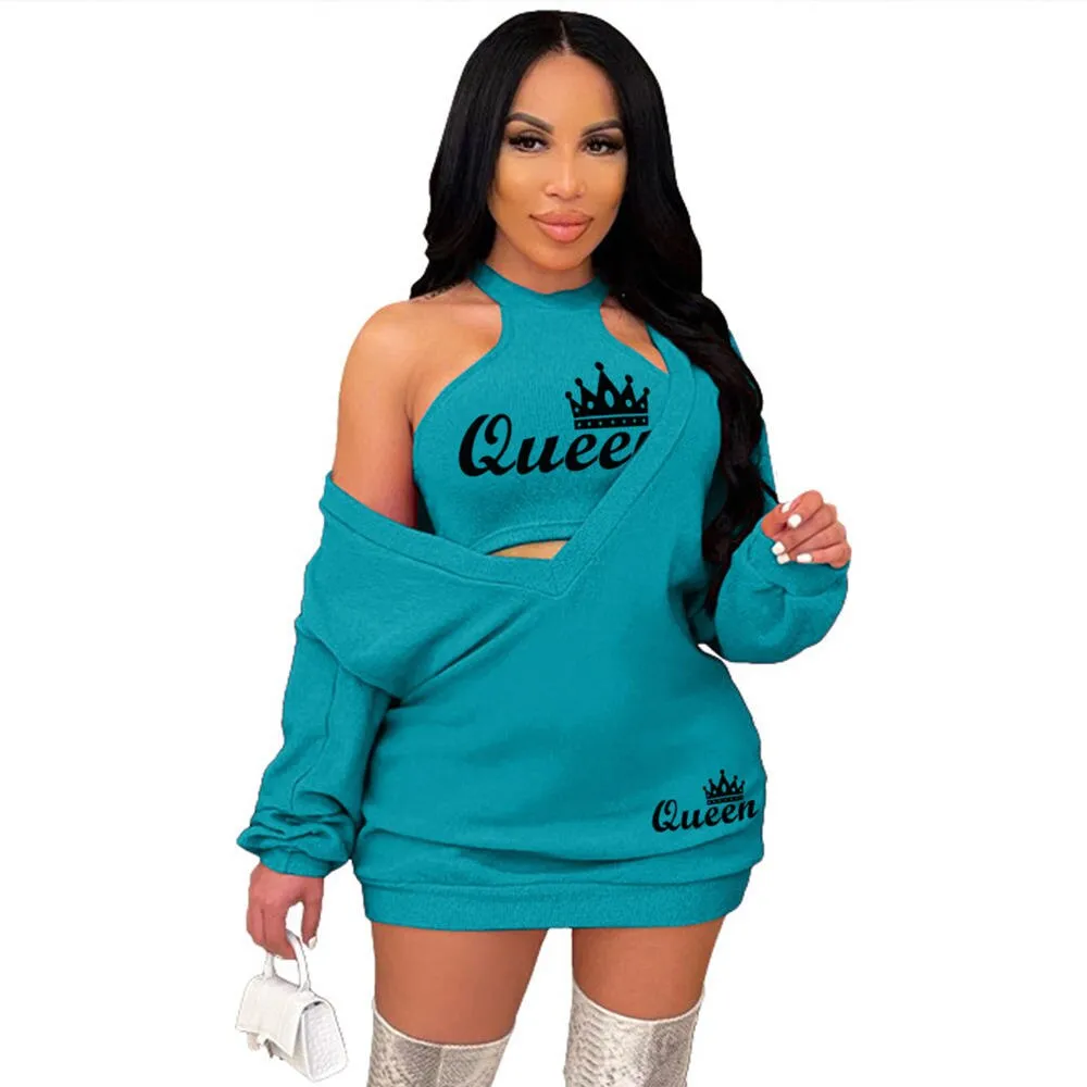 HLJ&GG Fashion Streetwear Two Piece Sets Women PINK Letter Print Crop Vest And Dress Outfits 2022 New Matching Suits Clothing