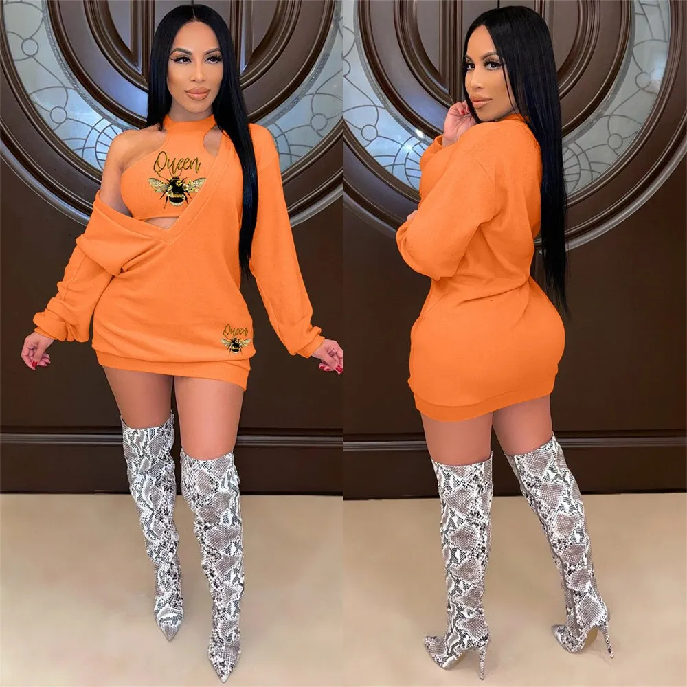 HLJ&GG Fashion Streetwear Two Piece Sets Women PINK Letter Print Crop Vest And Dress Outfits 2022 New Matching Suits Clothing