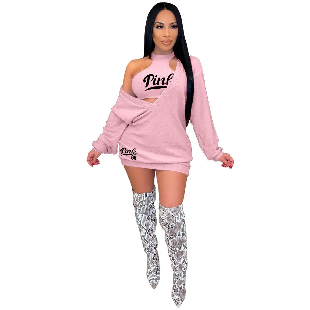 HLJ&GG Fashion Streetwear Two Piece Sets Women PINK Letter Print Crop Vest And Dress Outfits 2022 New Matching Suits Clothing