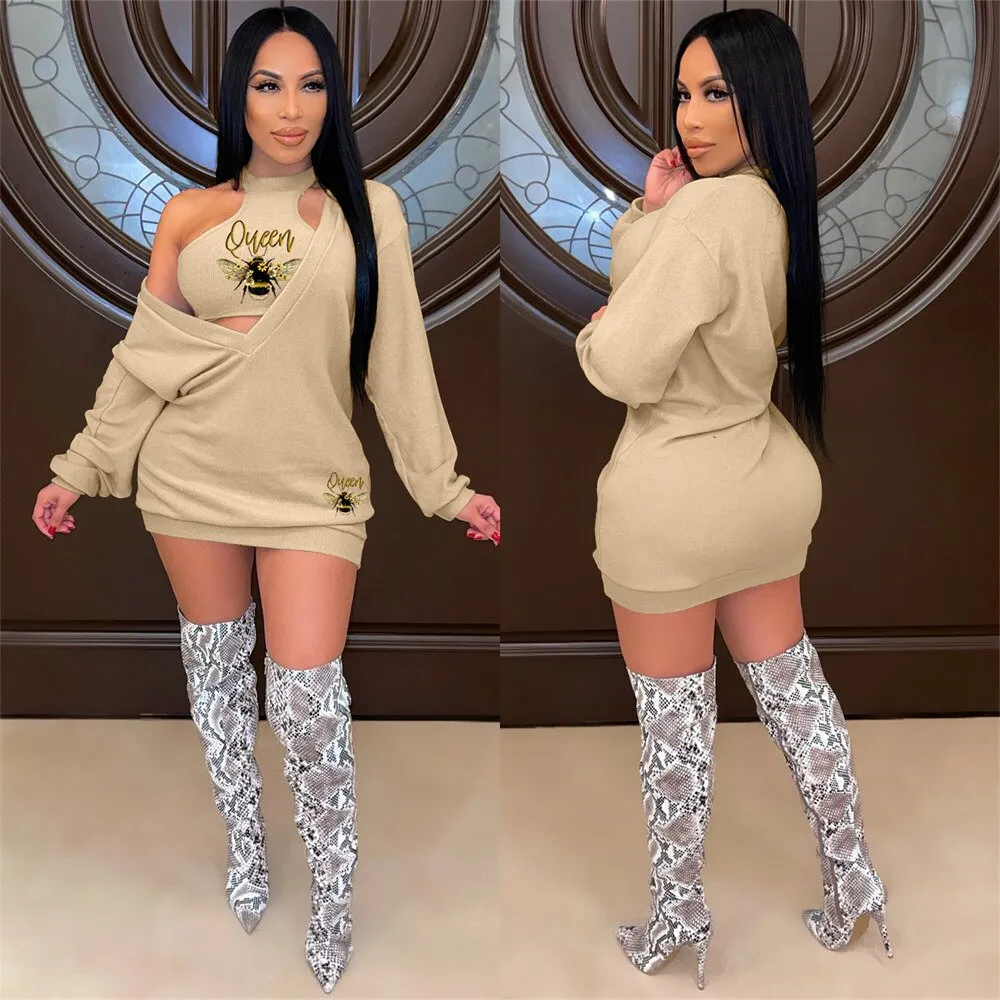 HLJ&GG Fashion Streetwear Two Piece Sets Women PINK Letter Print Crop Vest And Dress Outfits 2022 New Matching Suits Clothing
