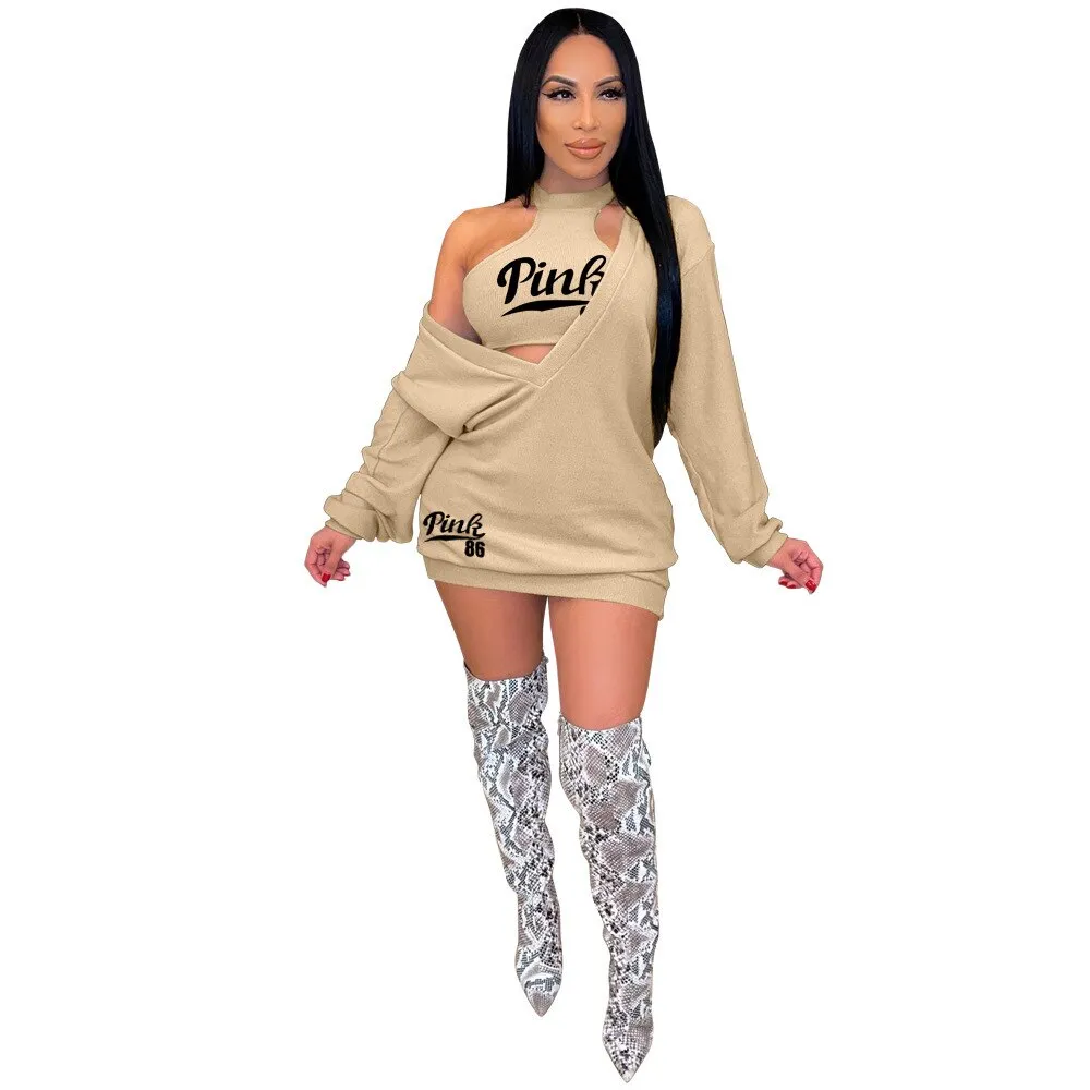 HLJ&GG Fashion Streetwear Two Piece Sets Women PINK Letter Print Crop Vest And Dress Outfits 2022 New Matching Suits Clothing