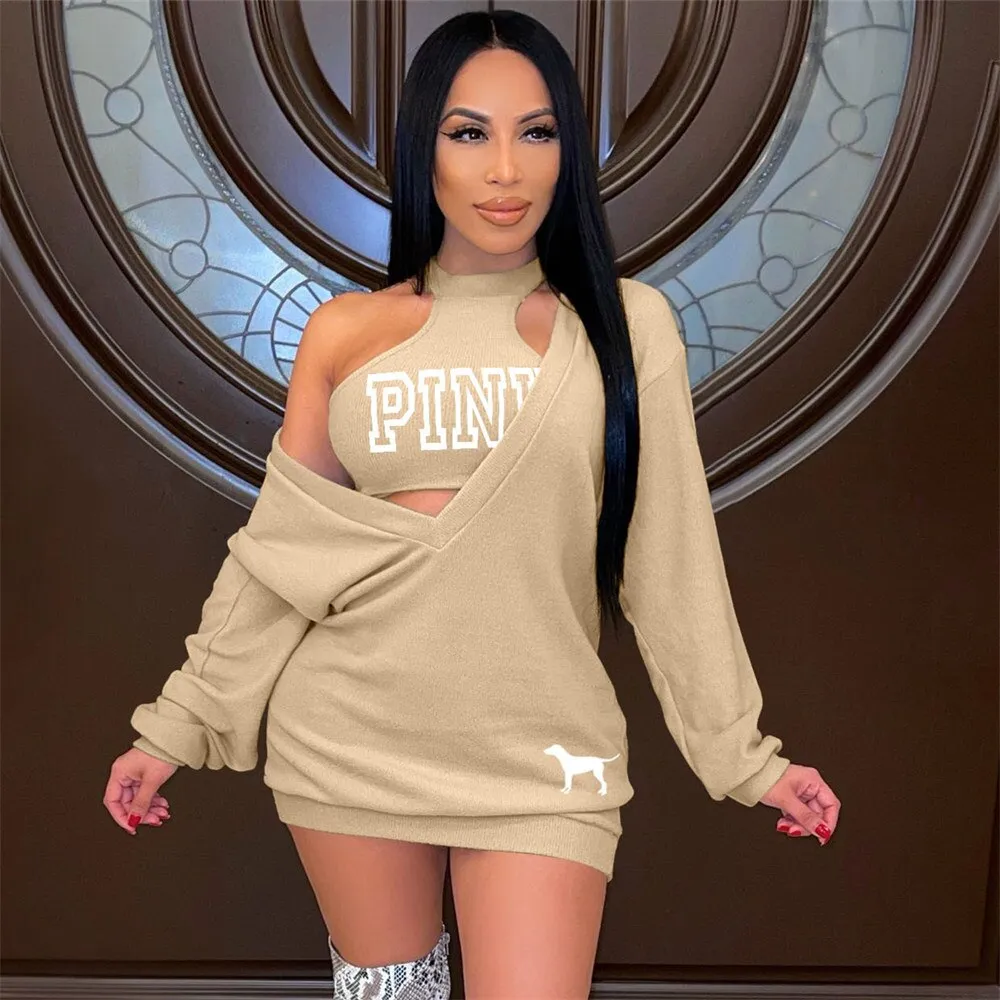 HLJ&GG Fashion Streetwear Two Piece Sets Women PINK Letter Print Crop Vest And Dress Outfits 2022 New Matching Suits Clothing