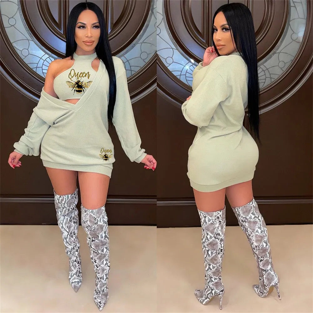 HLJ&GG Fashion Streetwear Two Piece Sets Women PINK Letter Print Crop Vest And Dress Outfits 2022 New Matching Suits Clothing