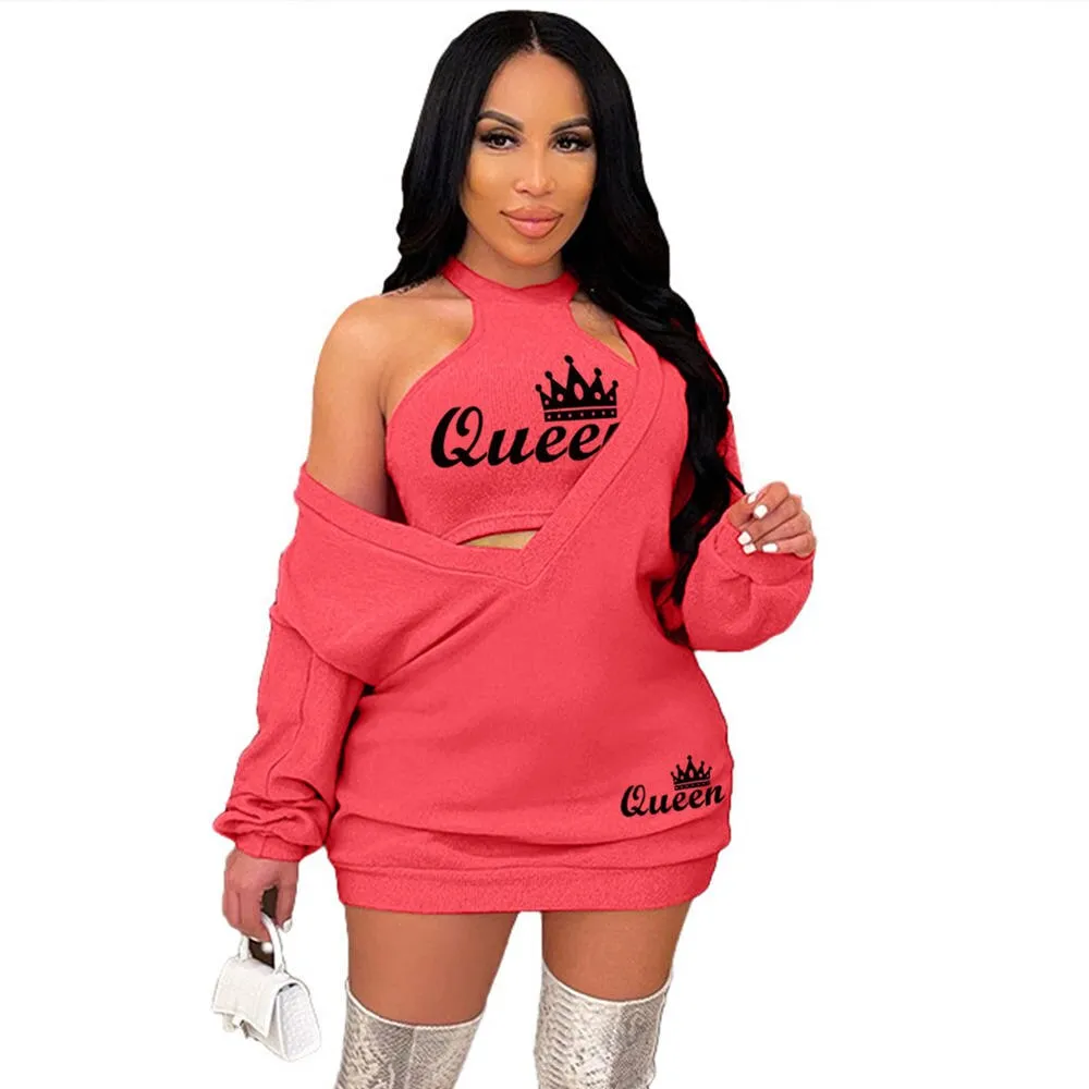 HLJ&GG Fashion Streetwear Two Piece Sets Women PINK Letter Print Crop Vest And Dress Outfits 2022 New Matching Suits Clothing