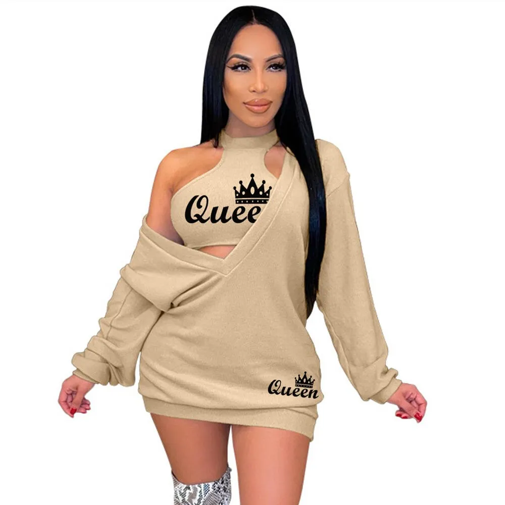HLJ&GG Fashion Streetwear Two Piece Sets Women PINK Letter Print Crop Vest And Dress Outfits 2022 New Matching Suits Clothing