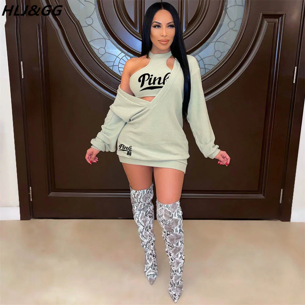 HLJ&GG Fashion Streetwear Two Piece Sets Women PINK Letter Print Crop Vest And Dress Outfits 2022 New Matching Suits Clothing