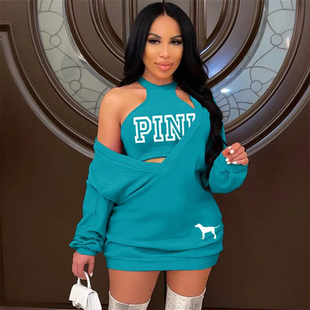 HLJ&GG Fashion Streetwear Two Piece Sets Women PINK Letter Print Crop Vest And Dress Outfits 2022 New Matching Suits Clothing