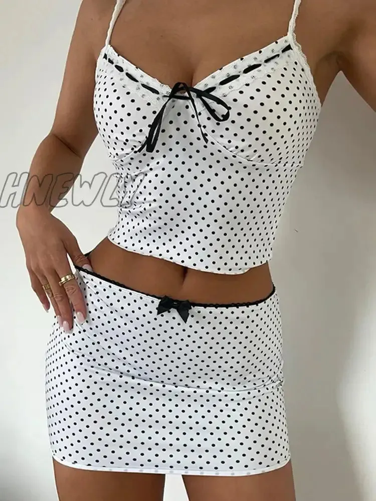 Hnewly Dot Printed V-neck Vest Mini Skirt Two Piece Set Women Hip Wrap Patchwork Bow Slim Fit Sleeveless Beach Sexy Fashion Sets