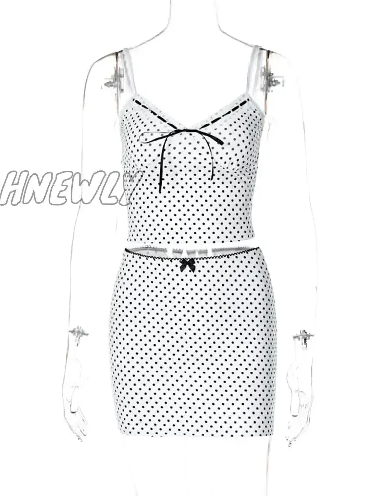 Hnewly Dot Printed V-neck Vest Mini Skirt Two Piece Set Women Hip Wrap Patchwork Bow Slim Fit Sleeveless Beach Sexy Fashion Sets