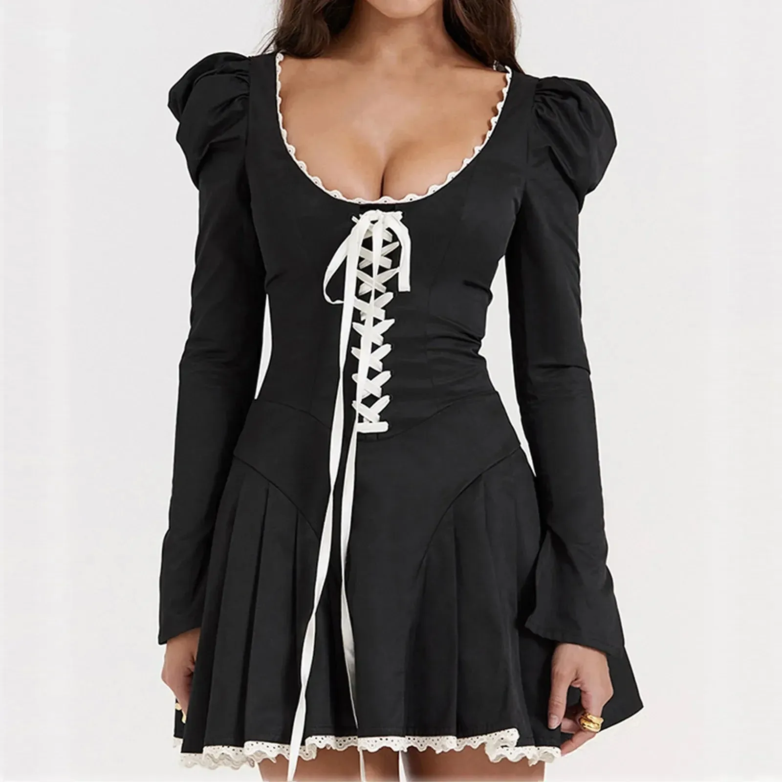 Lace Bandage Puff Sleeve Square Collar Ruched Vintage New Casual Elegant Dress