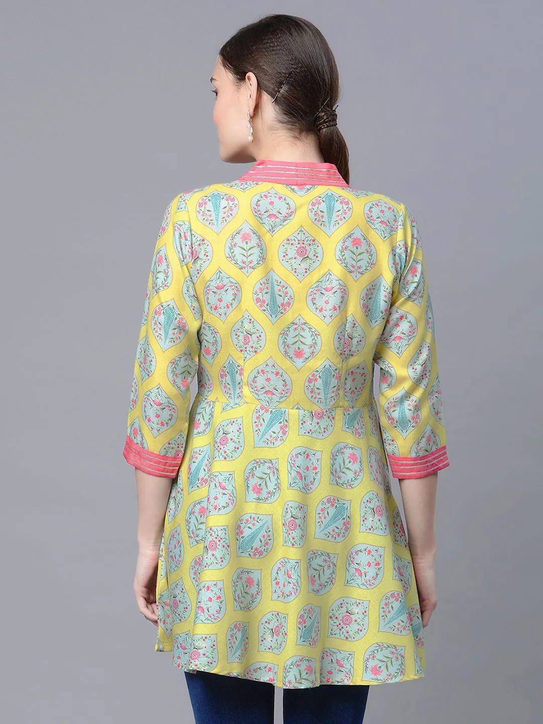 Lemon Yellow Digital Printed Pure Cotton Blend Tunic