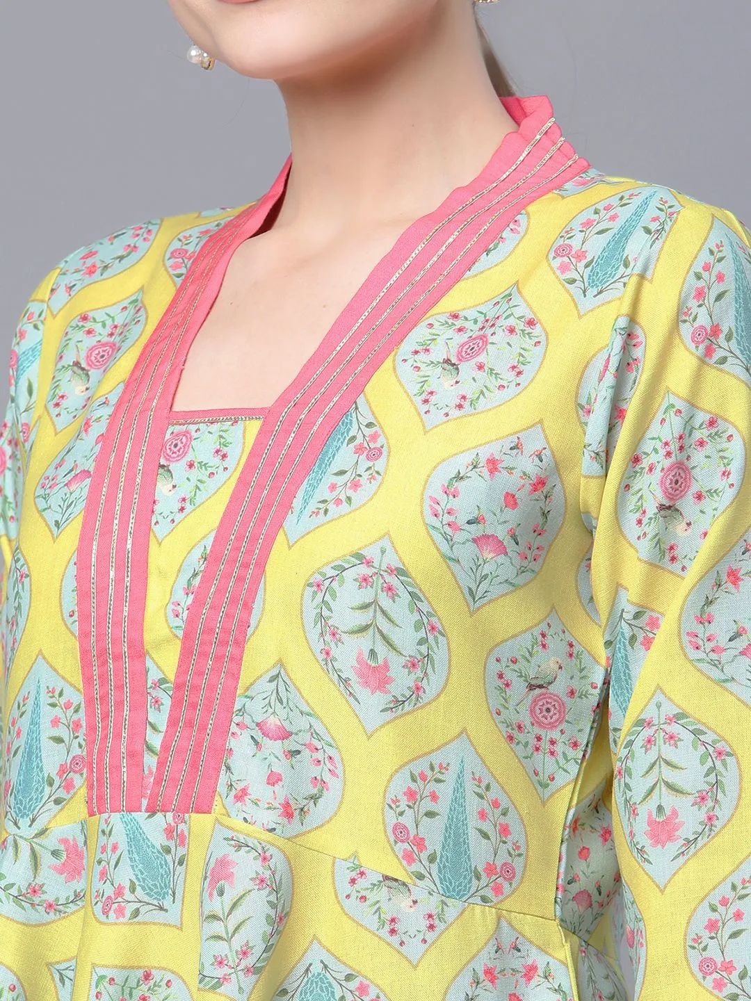 Lemon Yellow Digital Printed Pure Cotton Blend Tunic