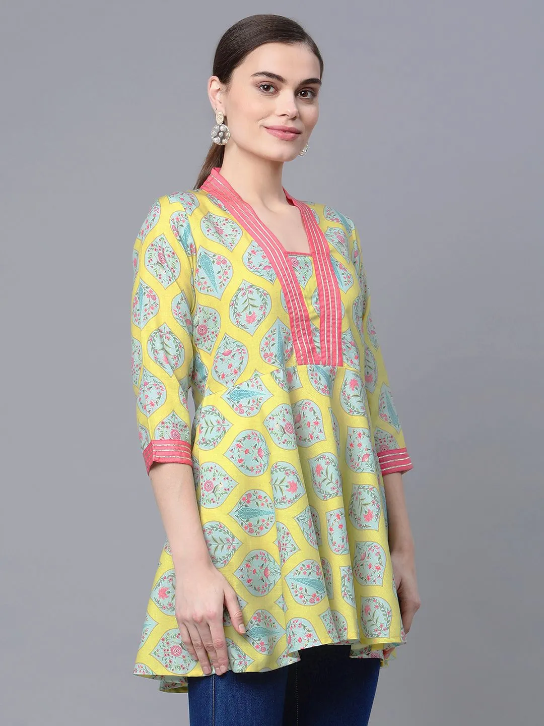Lemon Yellow Digital Printed Pure Cotton Blend Tunic