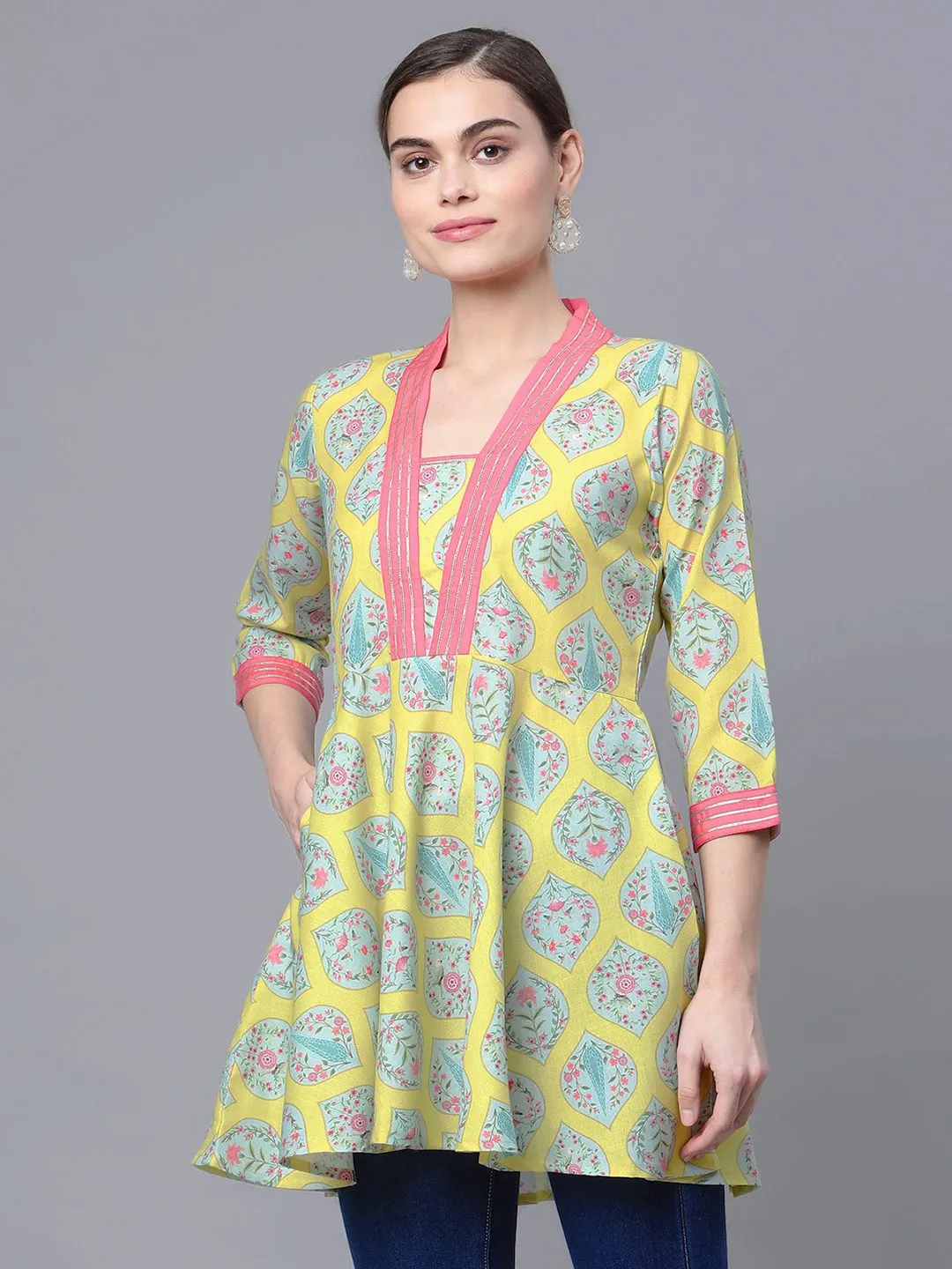 Lemon Yellow Digital Printed Pure Cotton Blend Tunic
