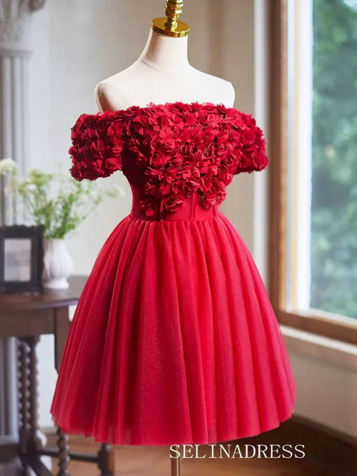 Lovely Tulle Homecoming Dresses Off-the-shoulder Red Hoco Dress Cocktail Dress #TKL1895