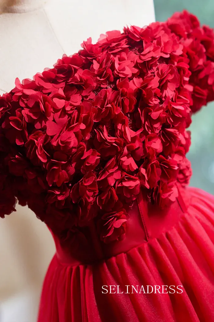 Lovely Tulle Homecoming Dresses Off-the-shoulder Red Hoco Dress Cocktail Dress #TKL1895