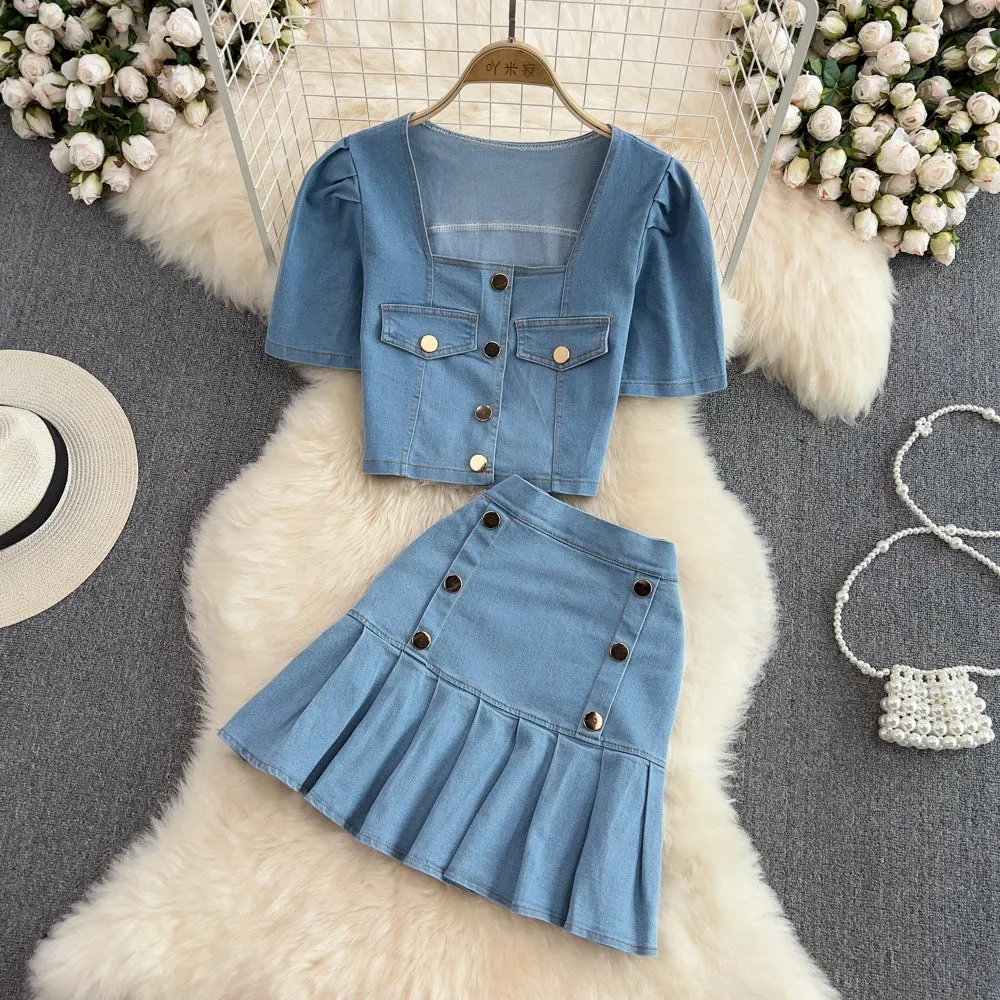 LVSANW Women's Set Jeans 2 Pieces Suits Woman Matching Sets Buttons Jumpers Mini Skirt Short Sleeve Female Clothes Costumes