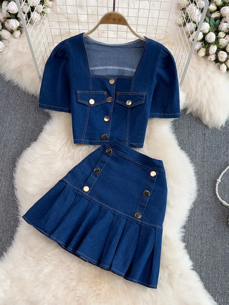 LVSANW Women's Set Jeans 2 Pieces Suits Woman Matching Sets Buttons Jumpers Mini Skirt Short Sleeve Female Clothes Costumes