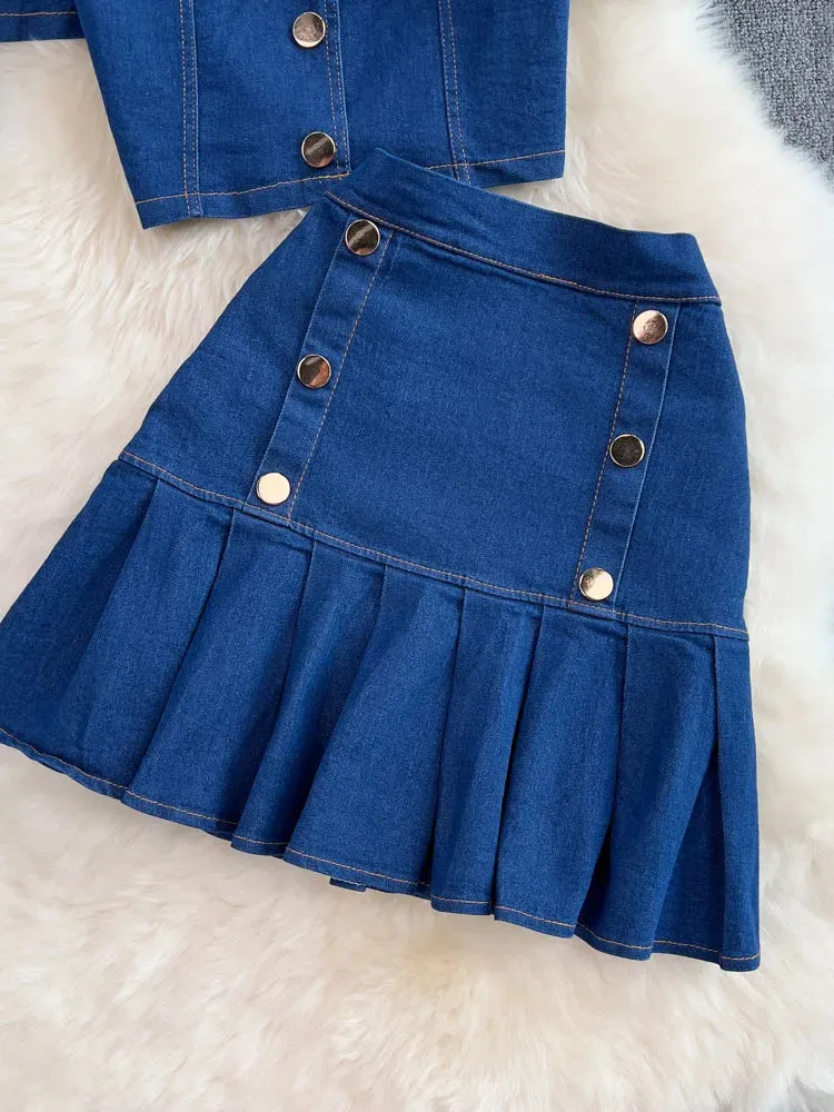 LVSANW Women's Set Jeans 2 Pieces Suits Woman Matching Sets Buttons Jumpers Mini Skirt Short Sleeve Female Clothes Costumes