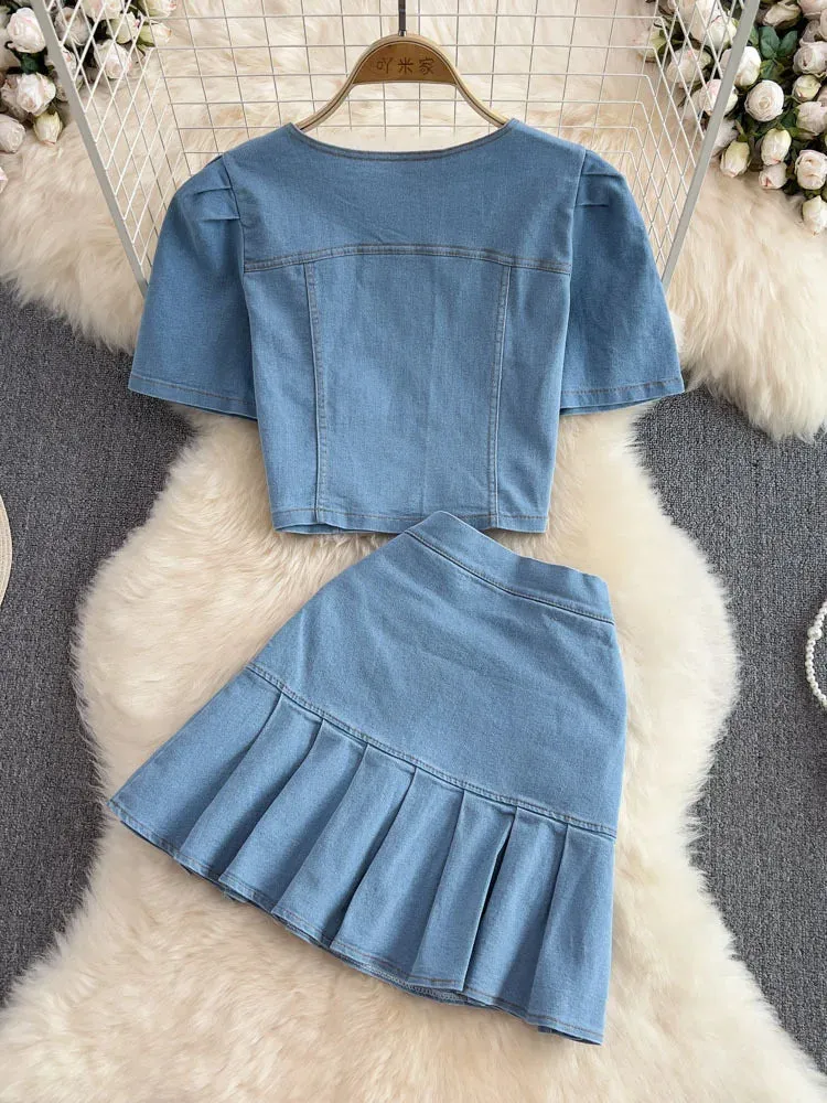 LVSANW Women's Set Jeans 2 Pieces Suits Woman Matching Sets Buttons Jumpers Mini Skirt Short Sleeve Female Clothes Costumes