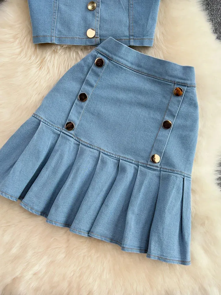 LVSANW Women's Set Jeans 2 Pieces Suits Woman Matching Sets Buttons Jumpers Mini Skirt Short Sleeve Female Clothes Costumes