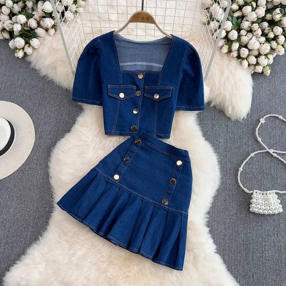 LVSANW Women's Set Jeans 2 Pieces Suits Woman Matching Sets Buttons Jumpers Mini Skirt Short Sleeve Female Clothes Costumes