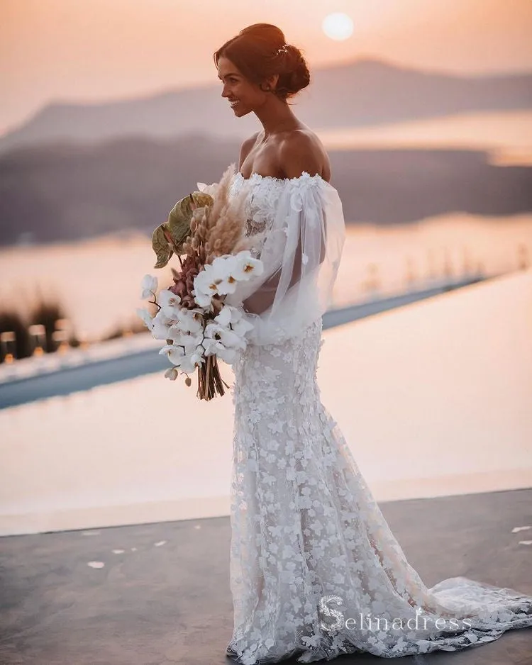 Mermaid 3D Lace Strapless Long Sleeve Rustic Wedding Dress Modest Wedding Gown RYU011