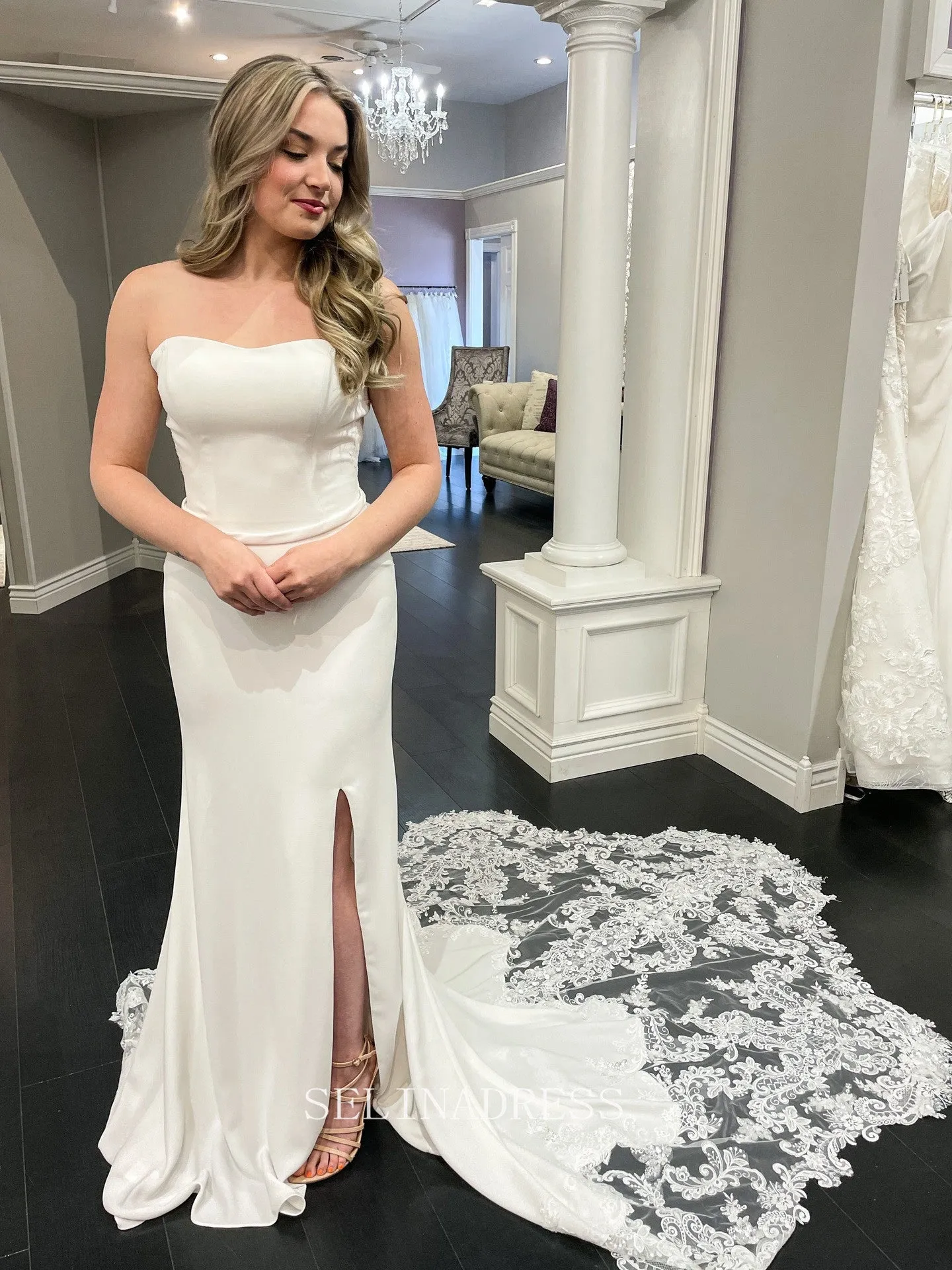 Mermaid Removable Sleeves Two Pieces informal Wedding Dress Bridal Dress #LOP004