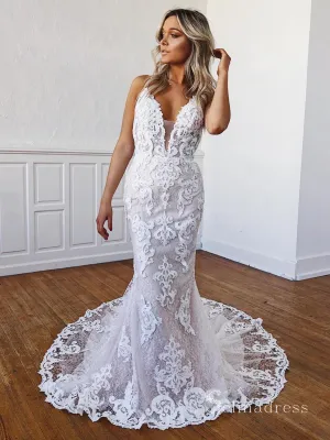 Mermaid Spaghetti Straps White Lace Long Wedding Dresses Boho Wedding Gowns CBD488
