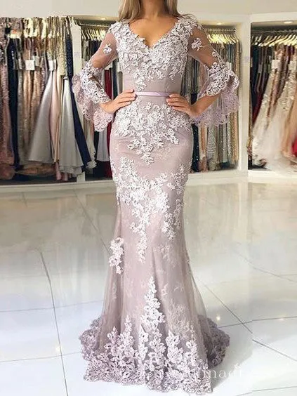 Mermaid V neck Lace Long Sleeve Prom Dresses Cheap Evening Dress MHL161